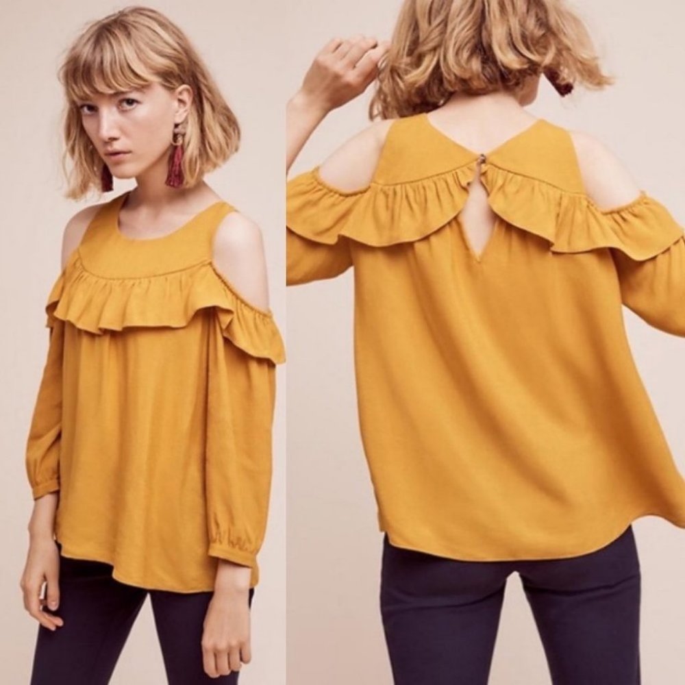Anthropologie Maeve Brearly Mustard Yellow Open Shoulder Ruffle Top Size 2 Boho